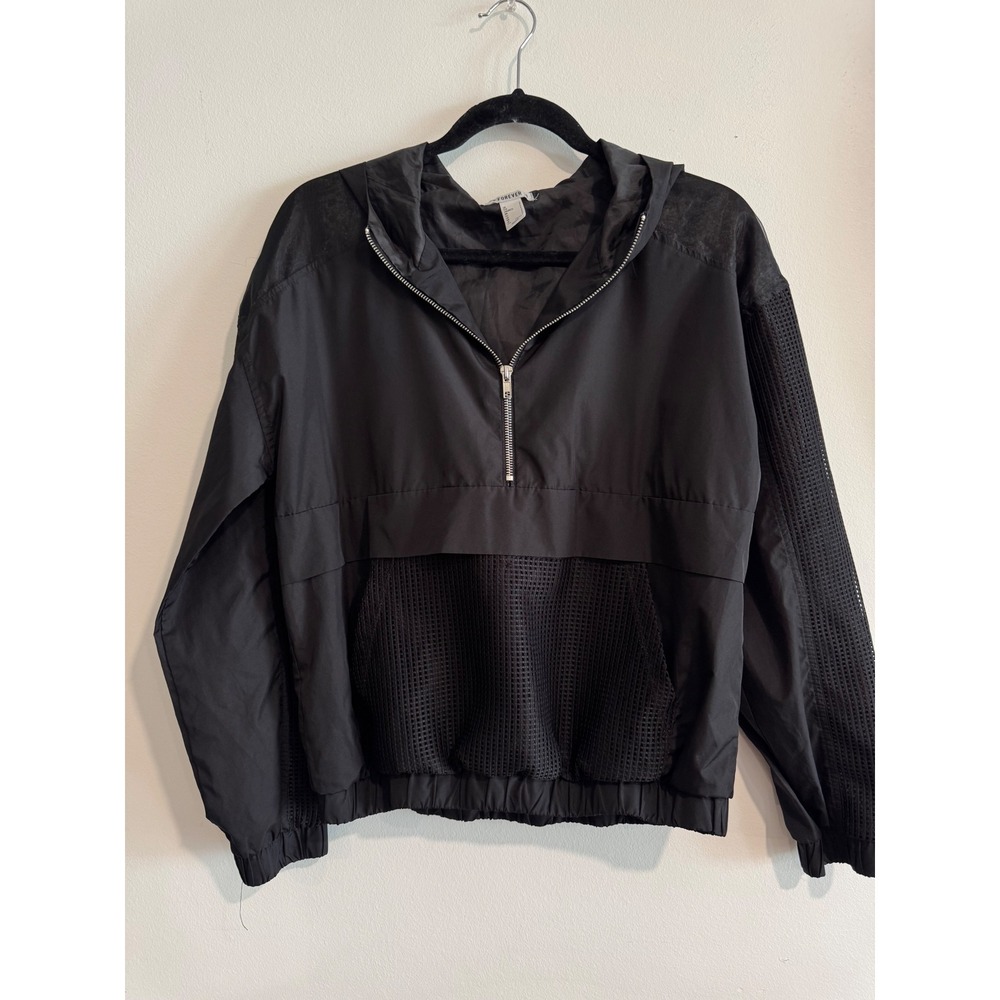 Retro‎ Y2K Forever 21 Half-Zip Windbreaker Womens S Black Hooded Pullover